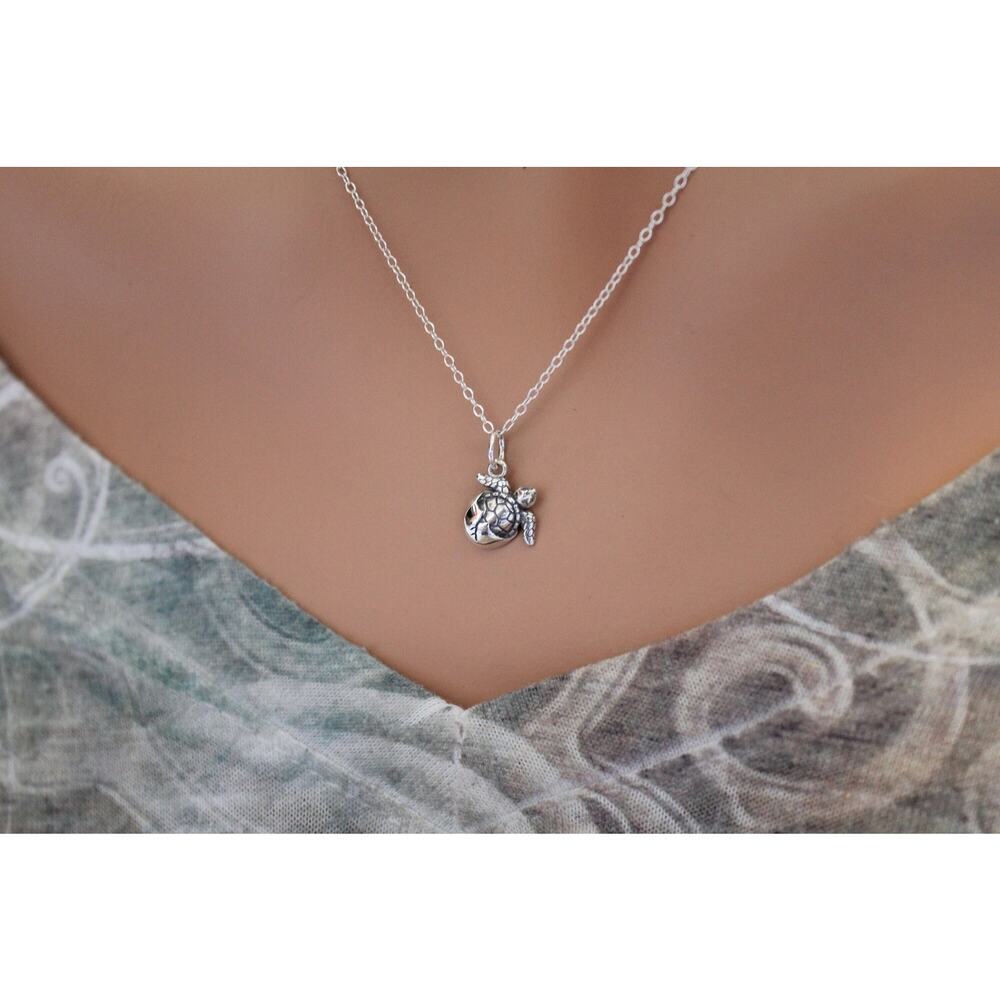 Sterling Silver Baby Sea Turtle Charm Necklace, Silver Baby Sea Turtle Necklace